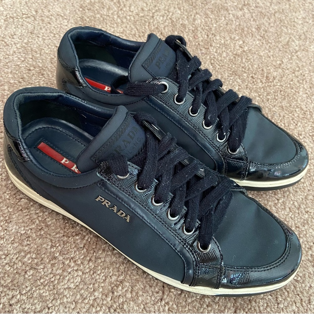 PRADA Nylon Leather Low Top Lace up Sneakers Size 35.5